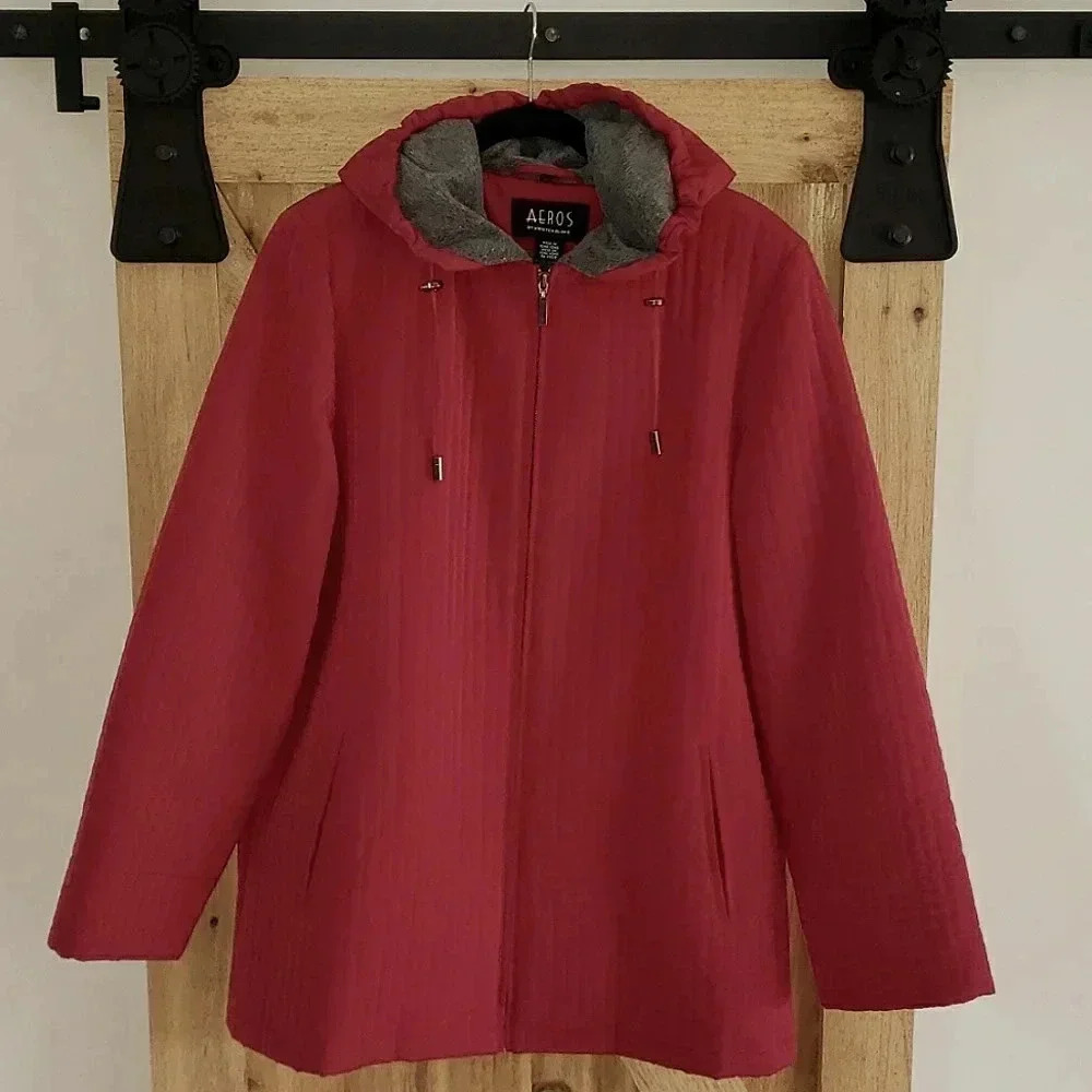 Aeros by Kristen Blake Red Quilted Hooded Coat Zip Front Fleece Lined La…